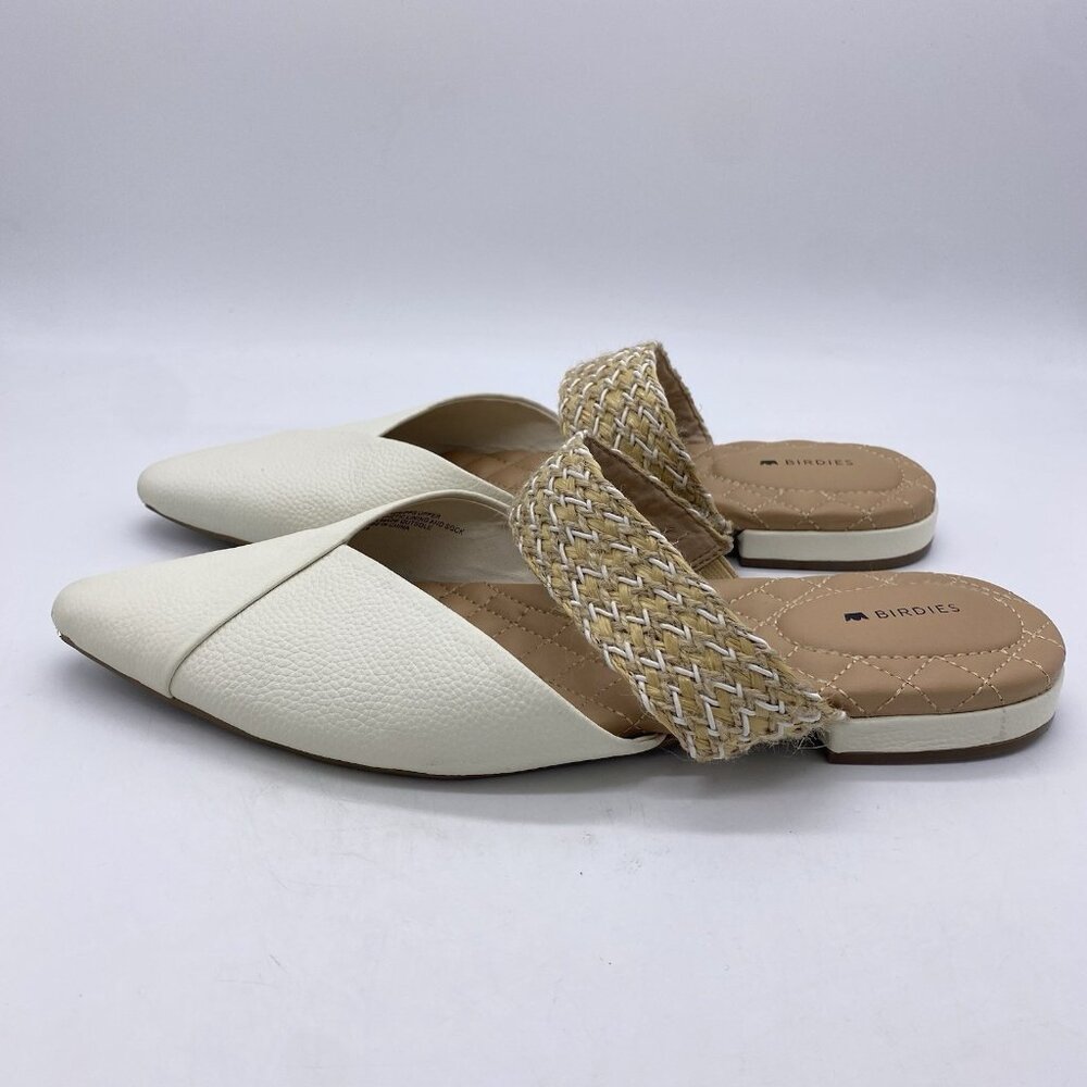 Birdies The Swan Pearl Cuff Size 10.5 White Leather Pointed Toe Mules Flats - Picture 8 of 13
